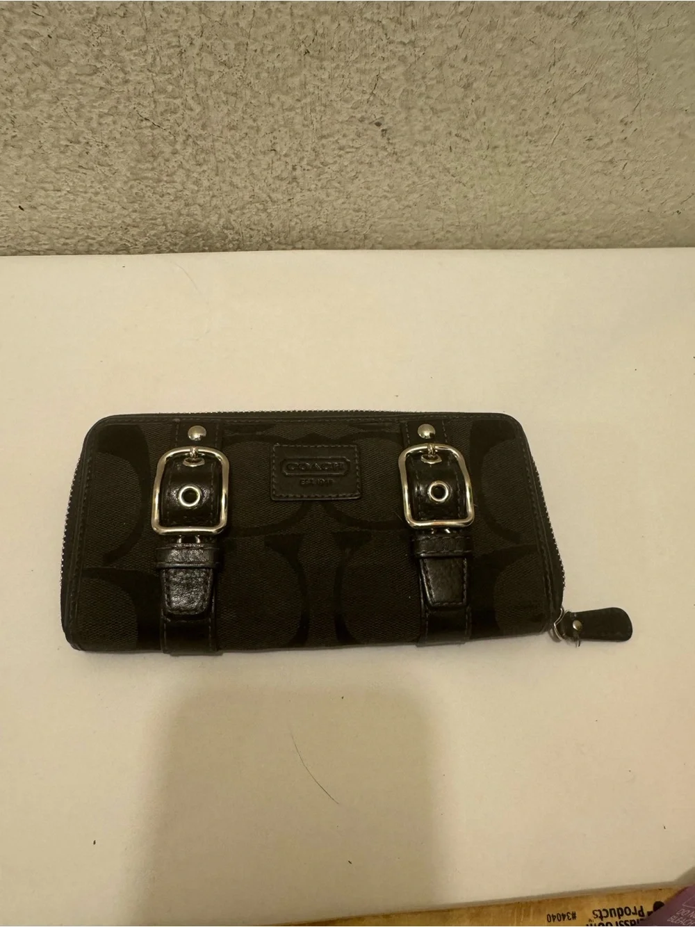 Coach Zoe Black Signature Zip-Around Wallet with Buckle Straps